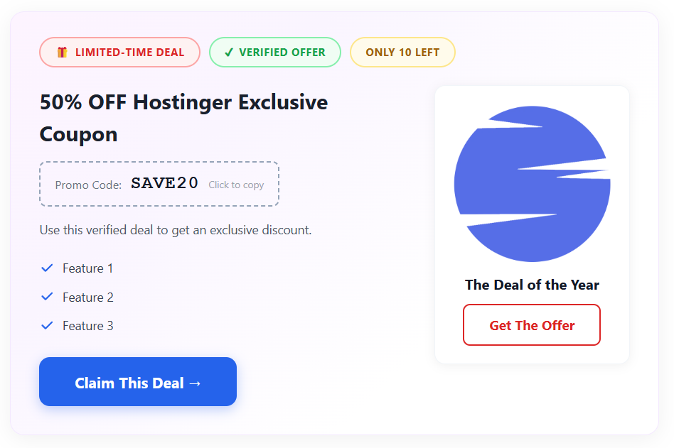 Pro Coupon Blocks Full Card style — with FOMO badges, promo code copy box, features list, brand image, and claim button