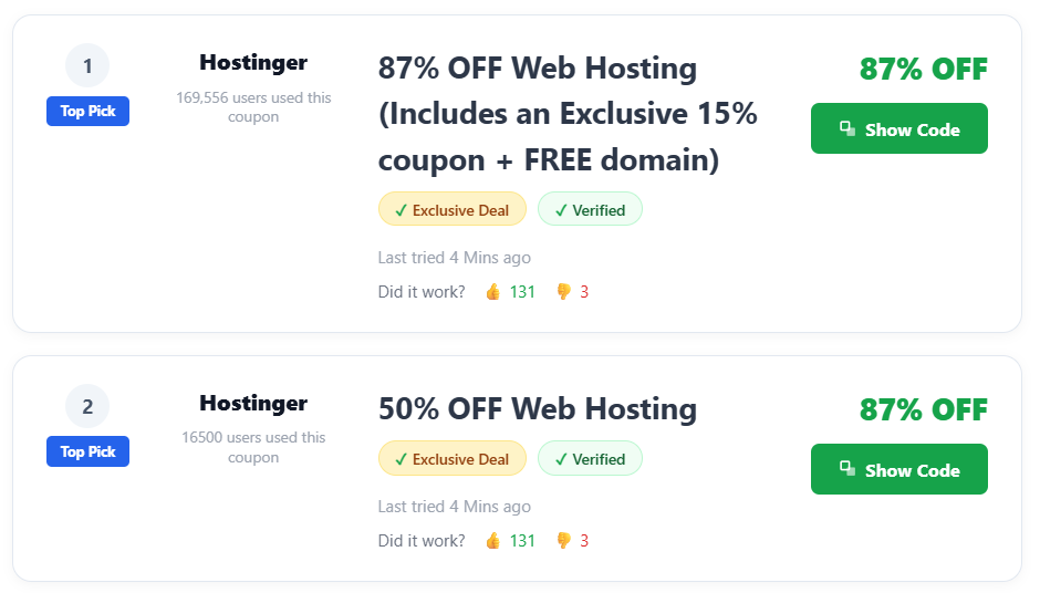 Pro Coupon Blocks List Ranking style — numbered coupon list with Top Pick badge, usage count, verified badges, and show code button