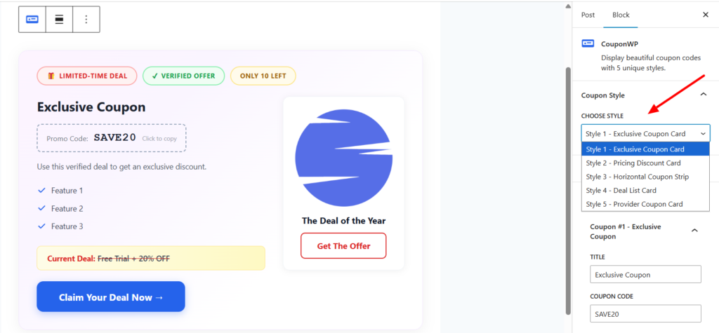 Couprix block settings panel in the WordPress Gutenberg editor